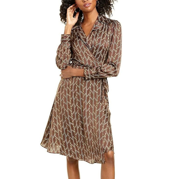 Trina Turk Chain Link Print Wrap Dress Size XS Brown Gold Silk Blend V-Neck - Picture 1 of 12